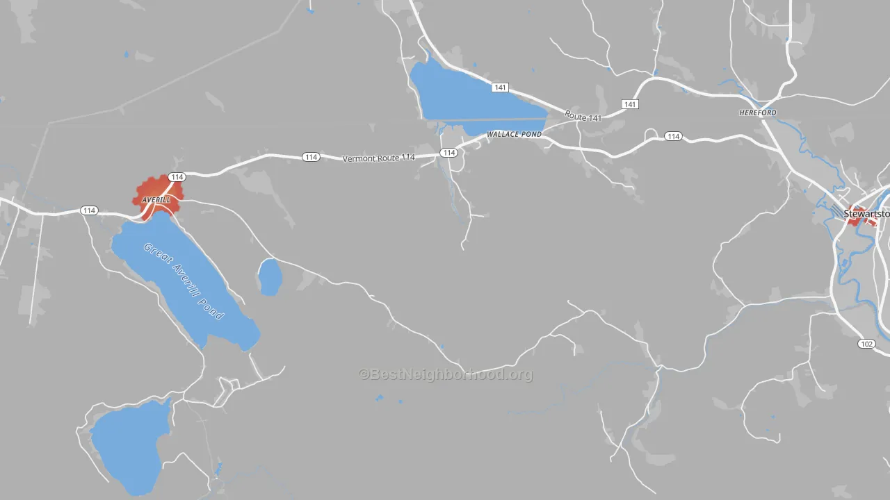 Walk Grade map of Averill, VT, walkable areas in green and car-dependent areas in red