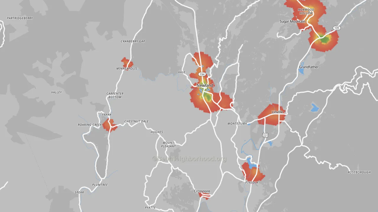 Walk Grade map of Avery County, NC, walkable areas in green and car-dependent areas in red
