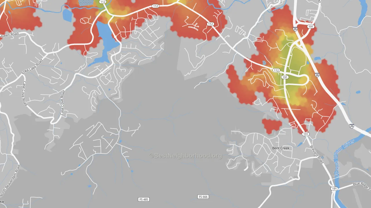 Walk Grade map of Avery Creek, NC, walkable areas in green and car-dependent areas in red