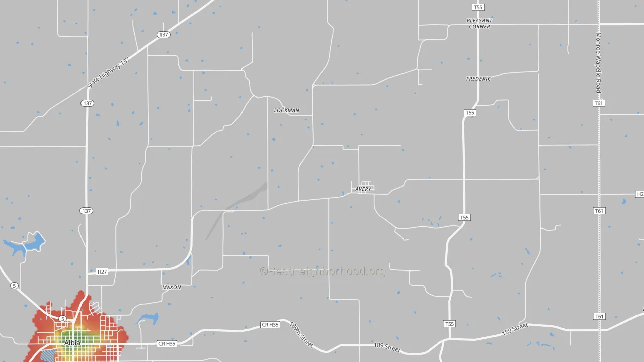 Walk Grade map of Avery, IA, walkable areas in green and car-dependent areas in red