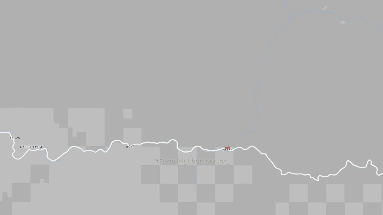Walk Grade map of Avery, ID, walkable areas in green and car-dependent areas in red