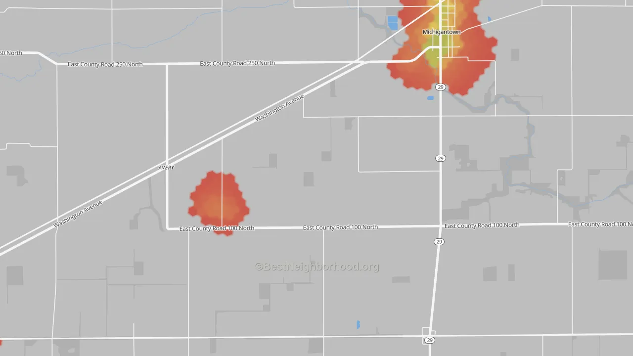 Walk Grade map of Avery, IN, walkable areas in green and car-dependent areas in red