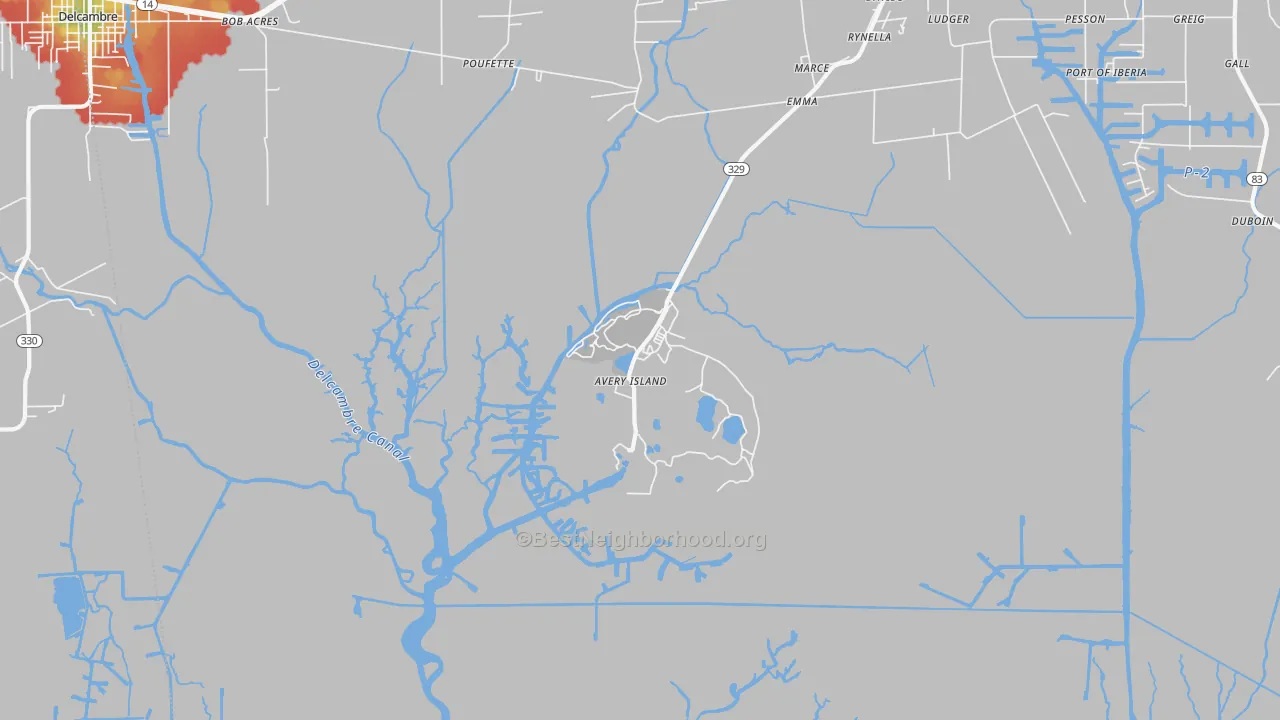 Walk Grade map of Avery Island, LA, walkable areas in green and car-dependent areas in red