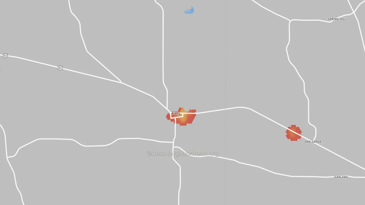 Walk Grade map of Avery, TX, walkable areas in green and car-dependent areas in red