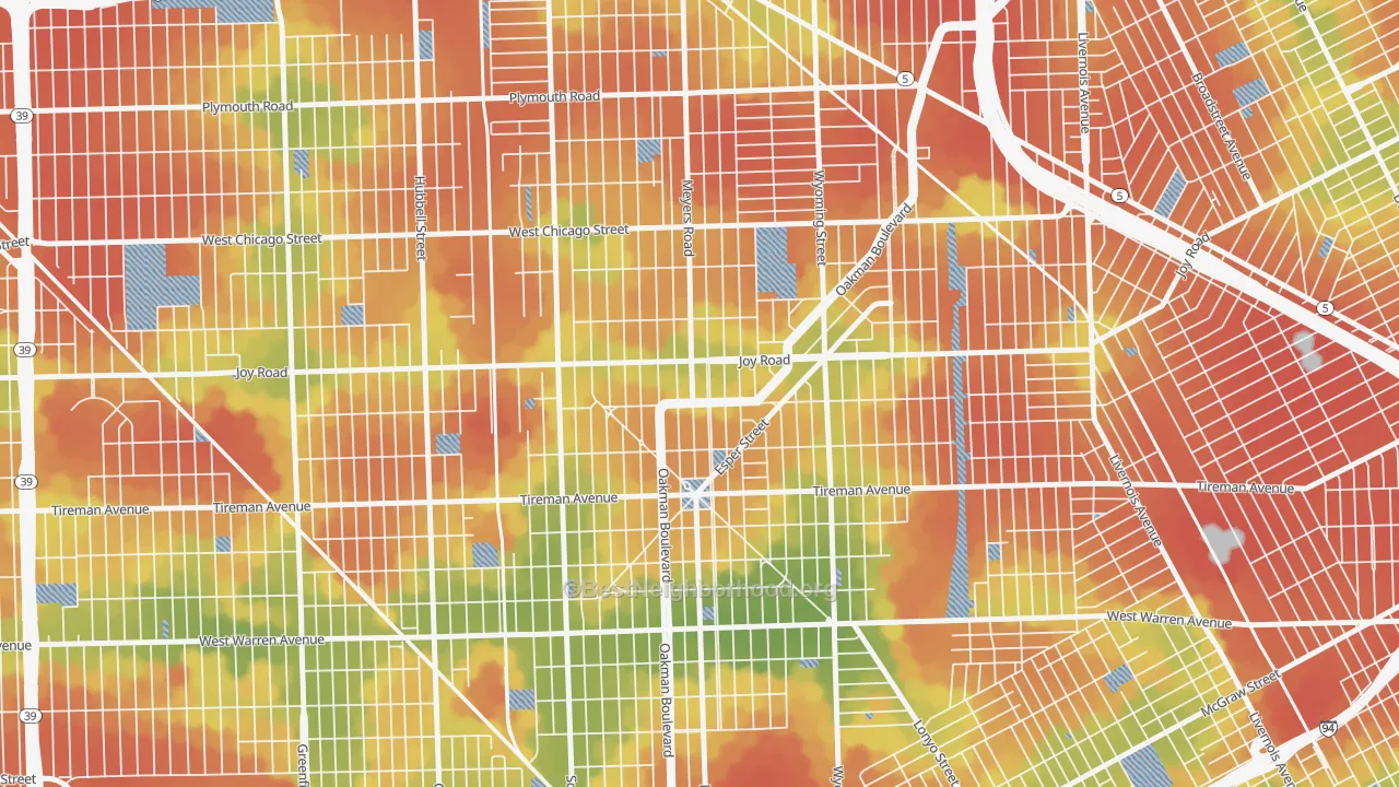 Walk Grade map of Aviation, Detroit, MI, walkable areas in green and car-dependent areas in red