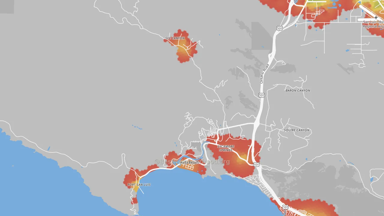 Walk Grade map of Avila Beach, CA, walkable areas in green and car-dependent areas in red