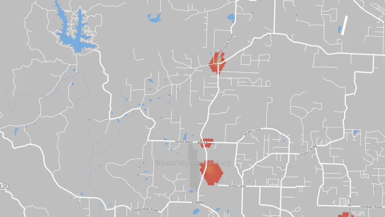 Walk Grade map of Avilla, AR, walkable areas in green and car-dependent areas in red