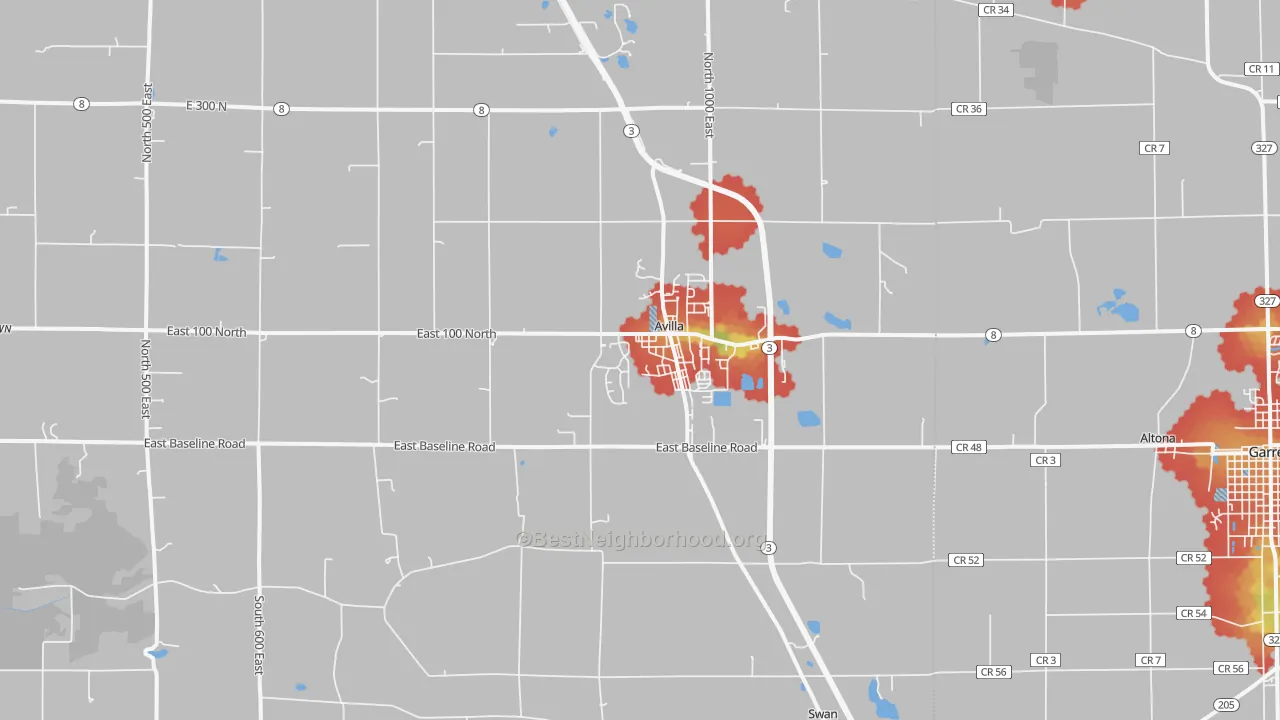 Walk Grade map of Avilla, IN, walkable areas in green and car-dependent areas in red