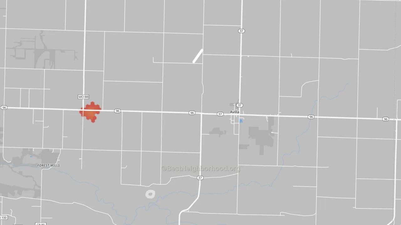 Walk Grade map of Avilla, MO, walkable areas in green and car-dependent areas in red