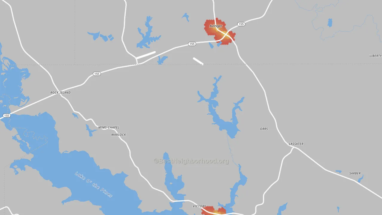 Walk Grade map of Avinger, TX, walkable areas in green and car-dependent areas in red