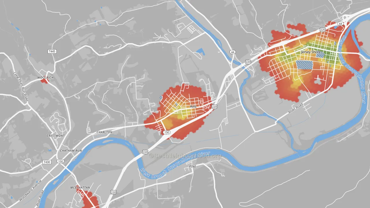 Walk Grade map of Avis, PA, walkable areas in green and car-dependent areas in red