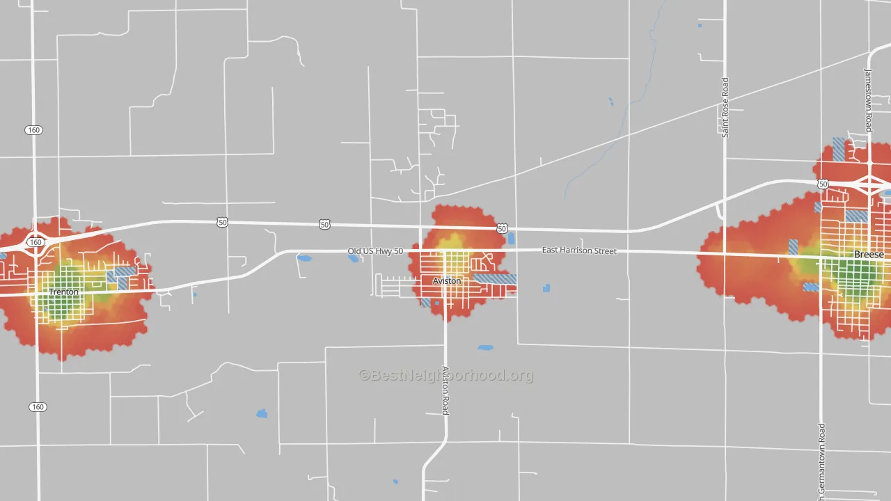 Walk Grade map of Aviston, IL, walkable areas in green and car-dependent areas in red