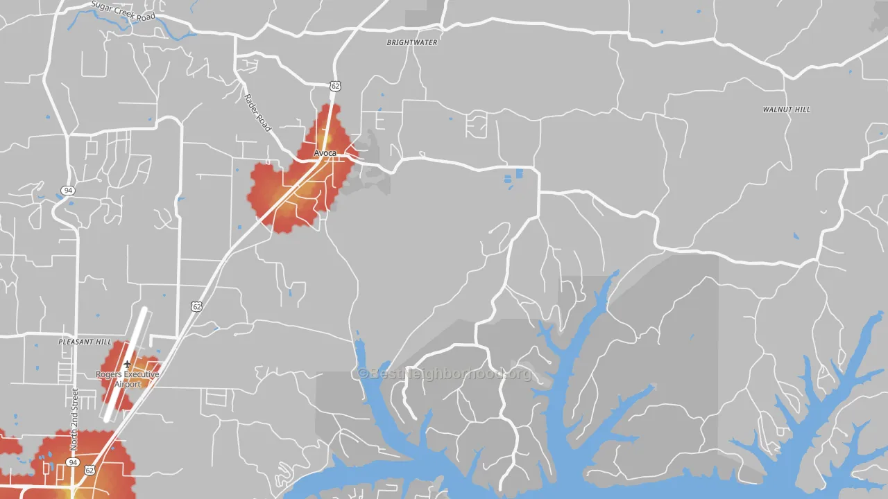 Walk Grade map of Avoca, AR, walkable areas in green and car-dependent areas in red