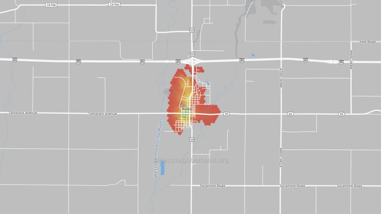 Walk Grade map of Avoca, IA, walkable areas in green and car-dependent areas in red