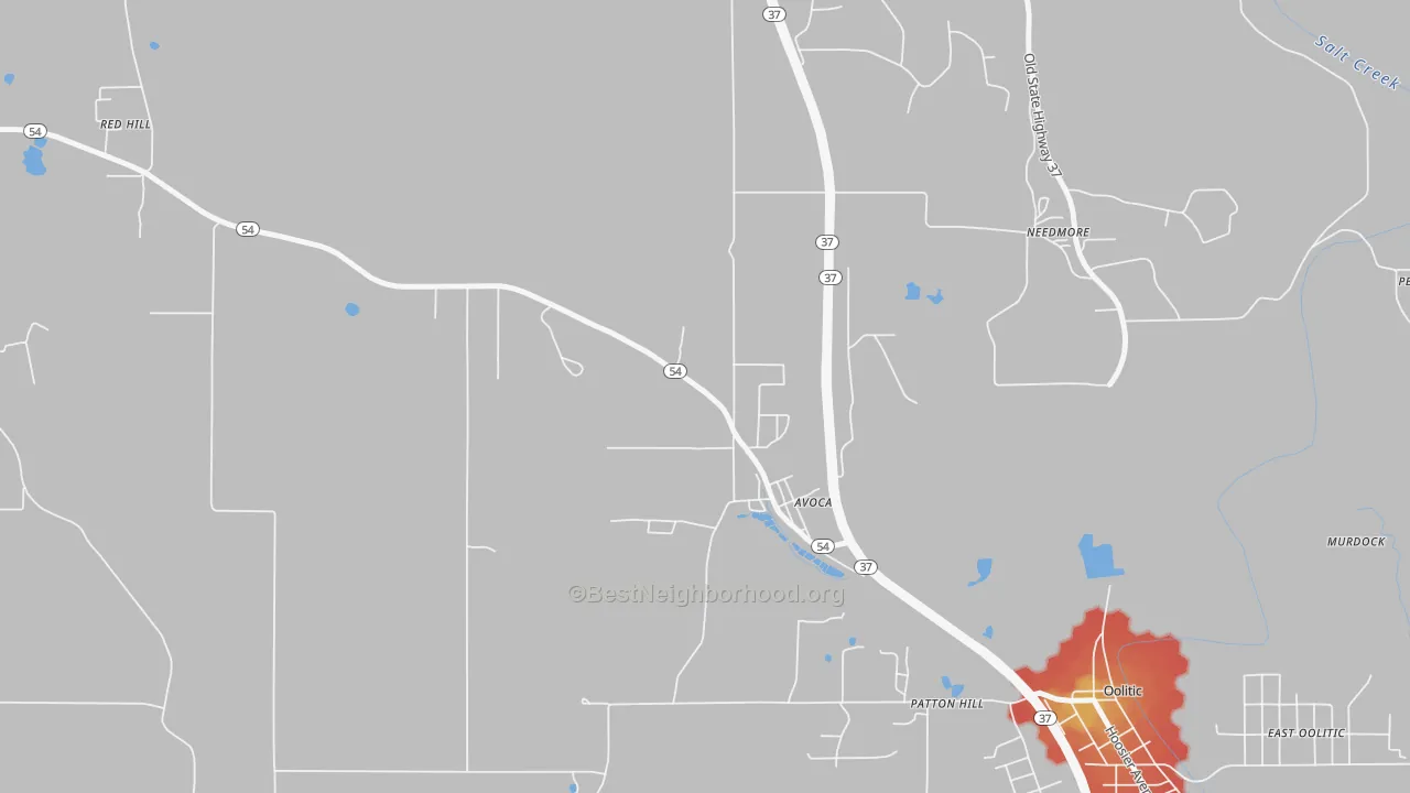 Walk Grade map of Avoca, IN, walkable areas in green and car-dependent areas in red