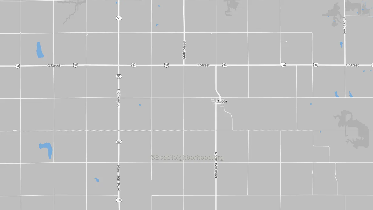 Walk Grade map of Avoca, NE, walkable areas in green and car-dependent areas in red