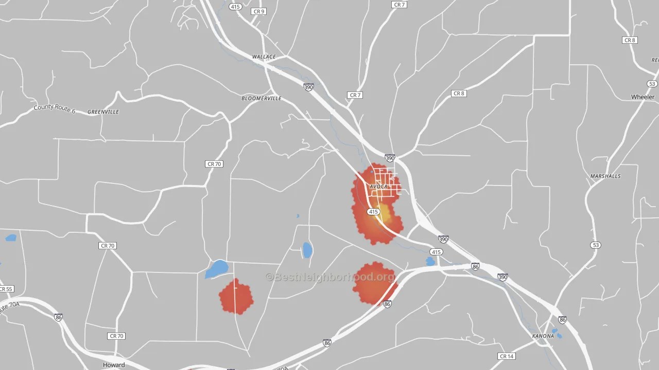 Walk Grade map of Avoca, NY, walkable areas in green and car-dependent areas in red