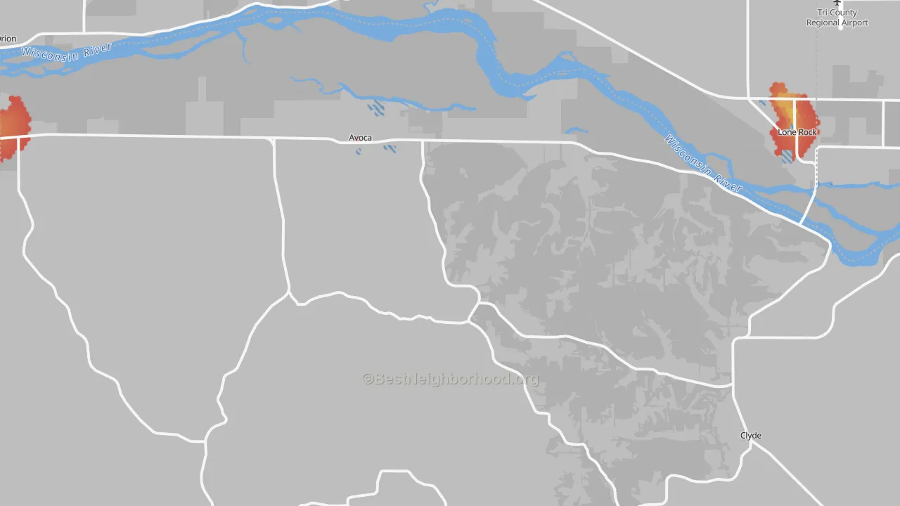 Walk Grade map of Avoca, WI, walkable areas in green and car-dependent areas in red