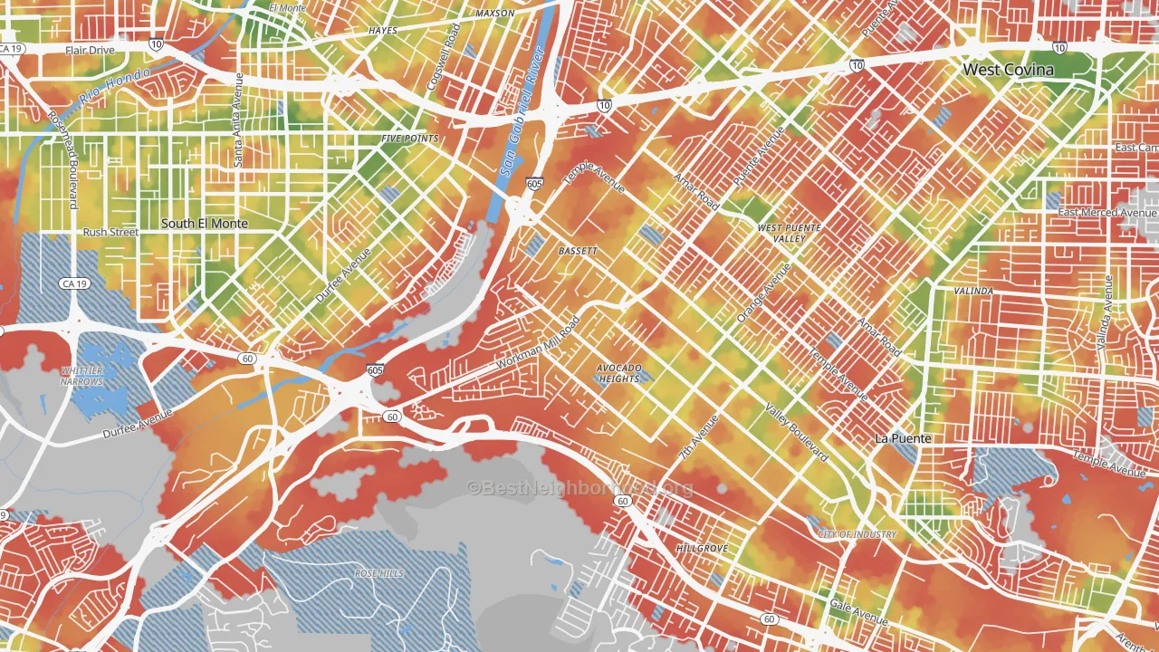 Walk Grade map of Avocado Heights, CA, walkable areas in green and car-dependent areas in red