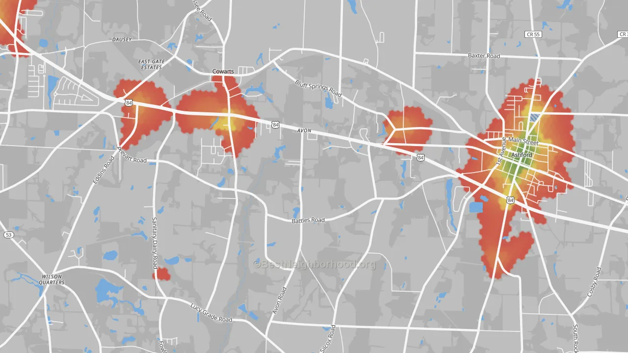 Walk Grade map of Avon, AL, walkable areas in green and car-dependent areas in red