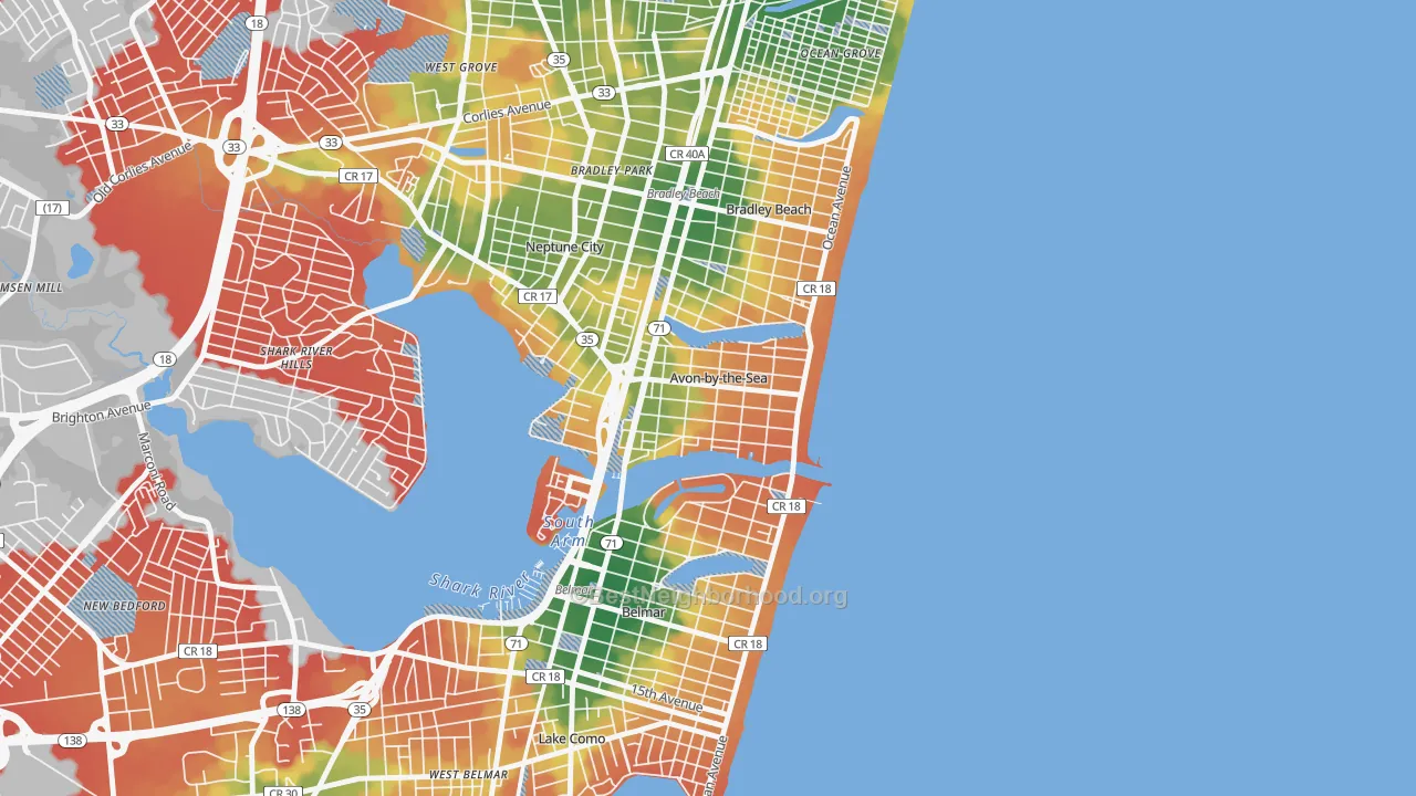 Walk Grade map of Avon-by-the-Sea, NJ, walkable areas in green and car-dependent areas in red
