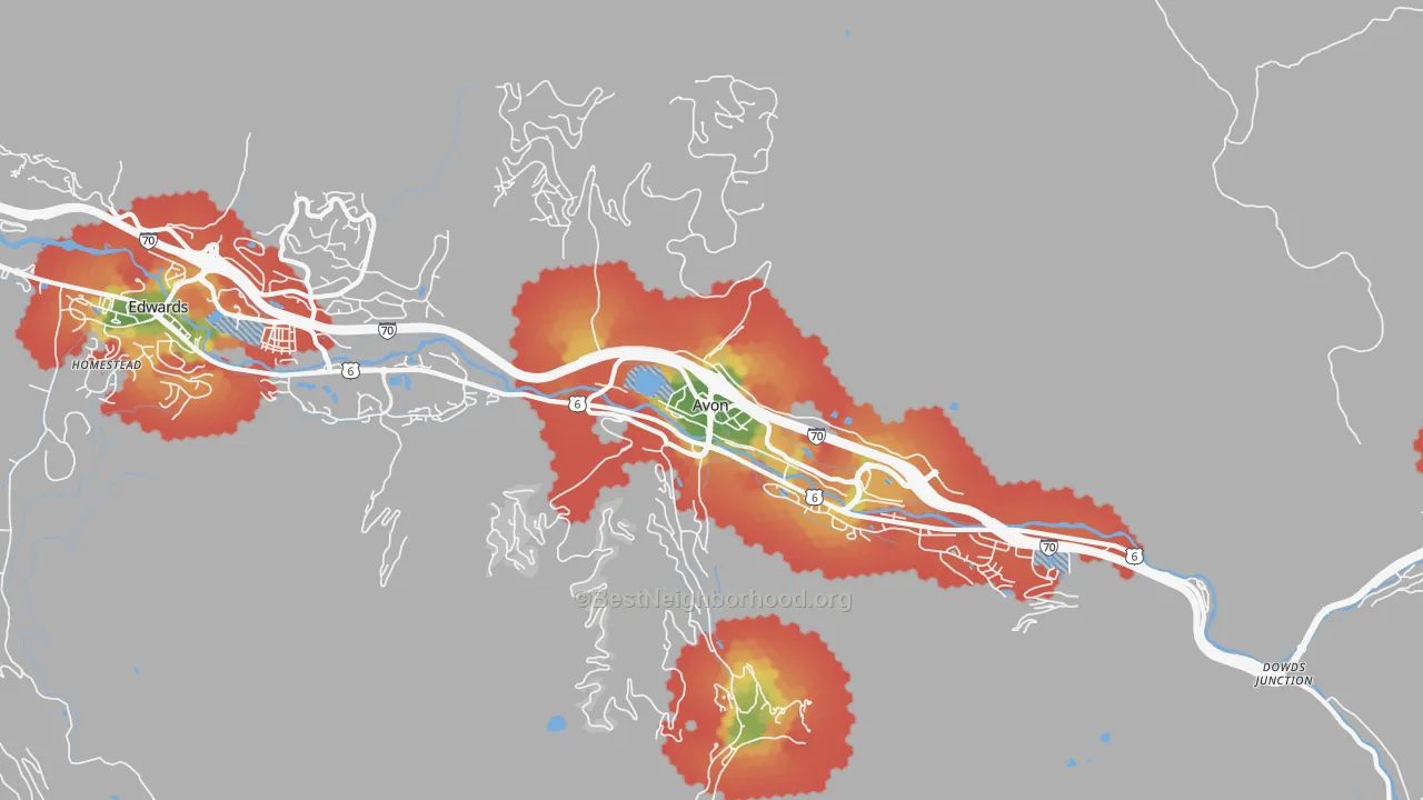 Walk Grade map of Avon, CO, walkable areas in green and car-dependent areas in red