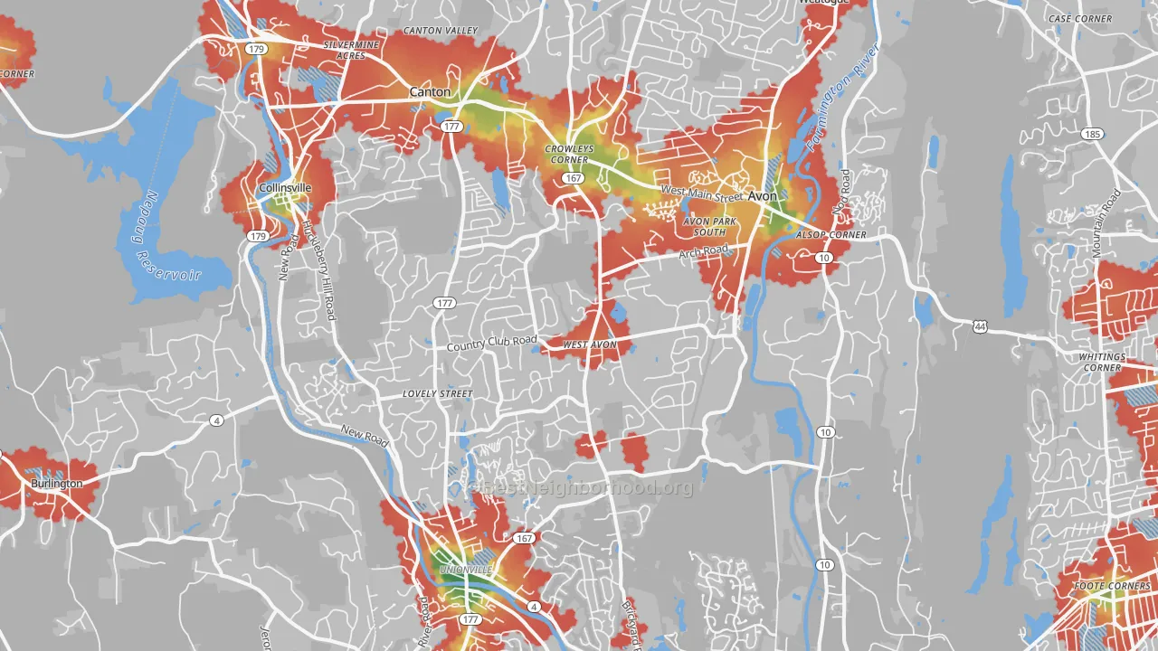 Walk Grade map of Avon, CT, walkable areas in green and car-dependent areas in red