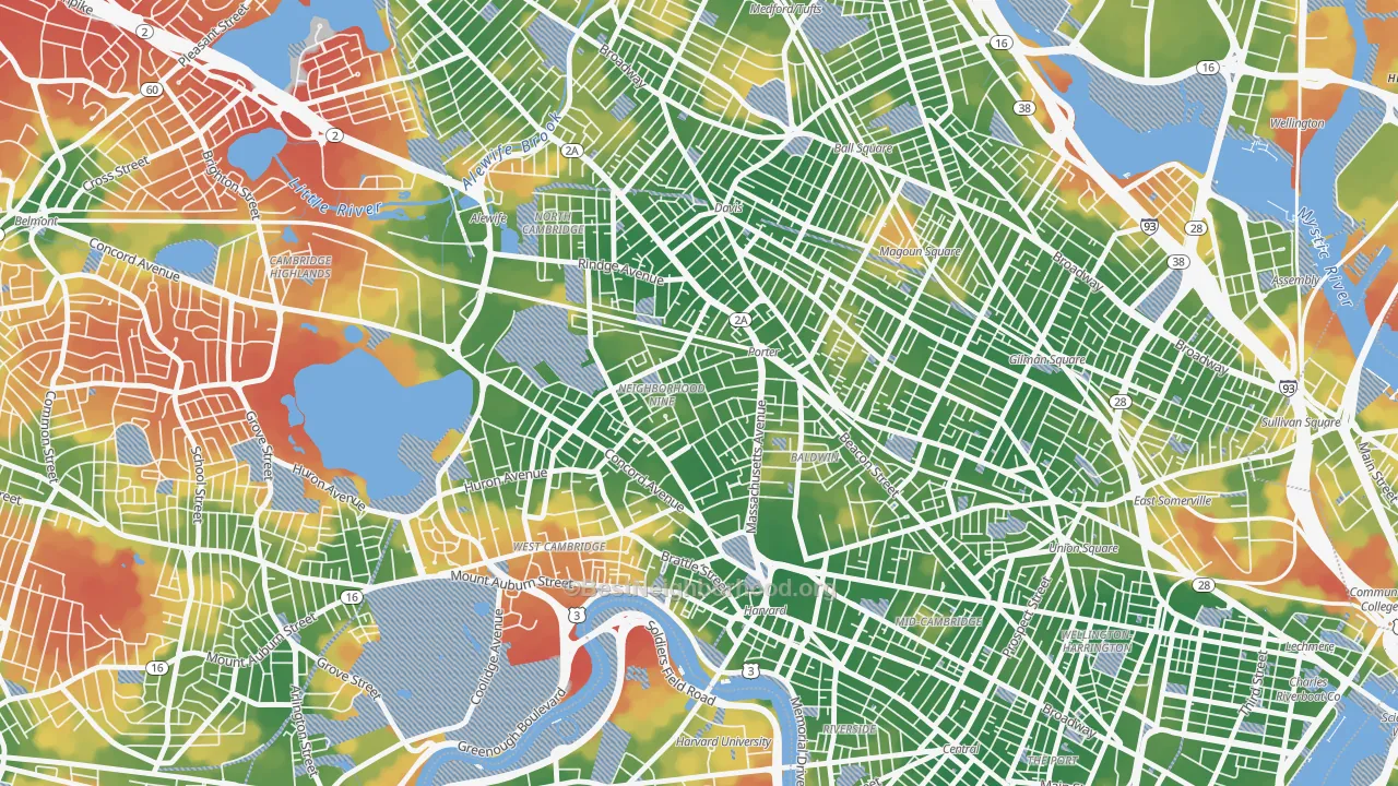 Walk Grade map of Avon Hill, Cambridge, MA, walkable areas in green and car-dependent areas in red