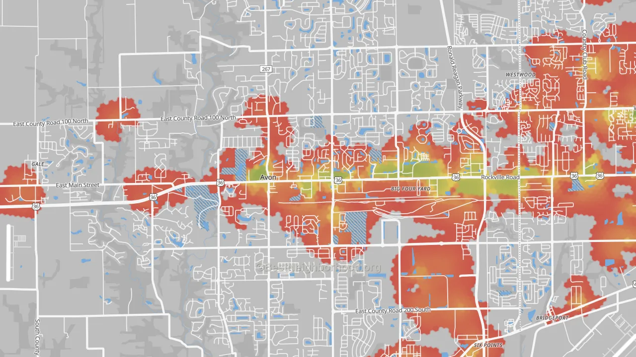 Walk Grade map of Avon, IN, walkable areas in green and car-dependent areas in red