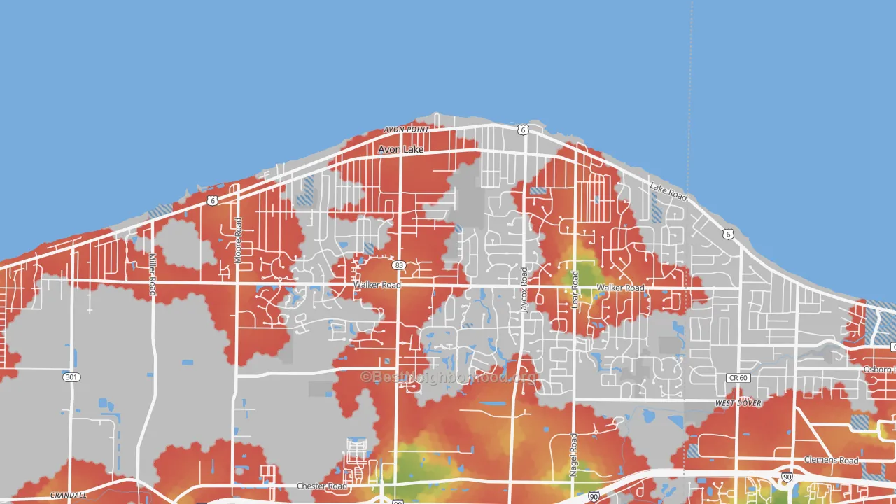 Walk Grade map of Avon Lake, OH, walkable areas in green and car-dependent areas in red