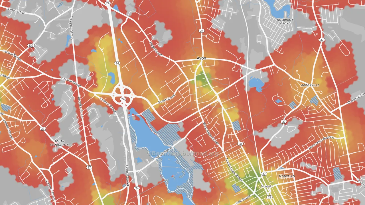 Walk Grade map of Avon, MA, walkable areas in green and car-dependent areas in red