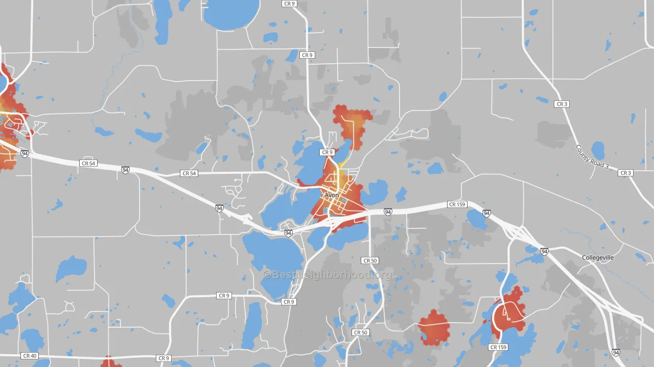 Walk Grade map of Avon, MN, walkable areas in green and car-dependent areas in red