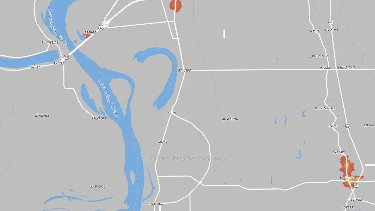 Walk Grade map of Avon, MS, walkable areas in green and car-dependent areas in red