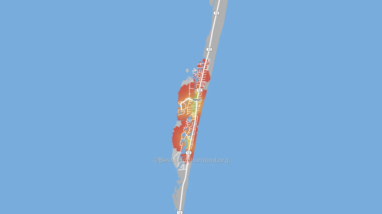 Walk Grade map of Avon, NC, walkable areas in green and car-dependent areas in red