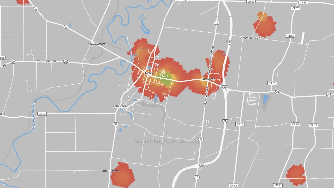 Walk Grade map of Avon, NY, walkable areas in green and car-dependent areas in red