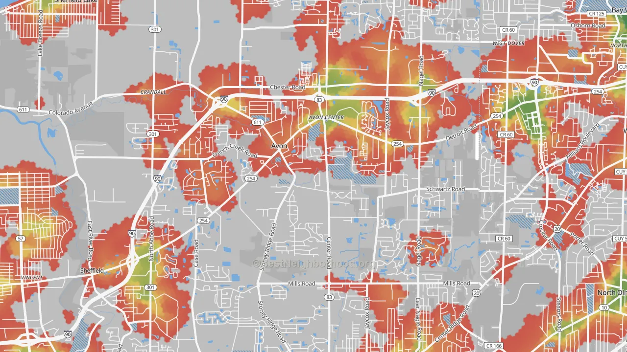 Walk Grade map of Avon, OH, walkable areas in green and car-dependent areas in red