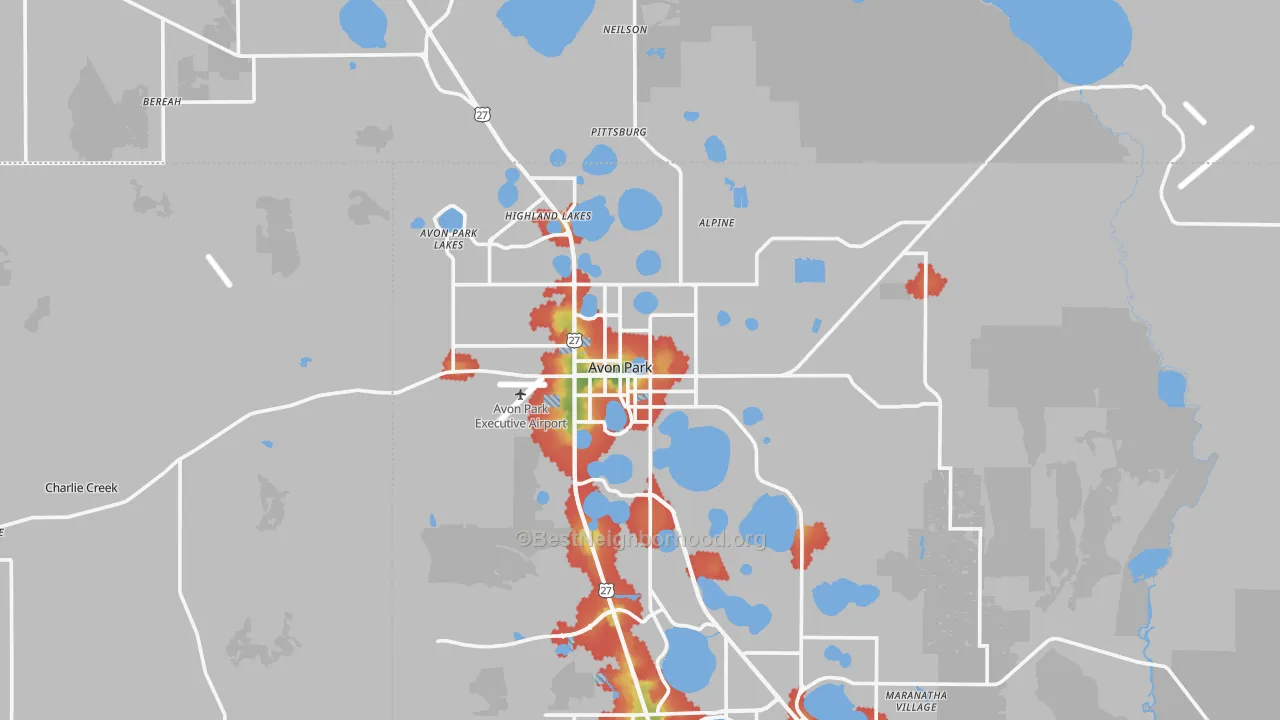 Walk Grade map of Avon Park, FL, walkable areas in green and car-dependent areas in red