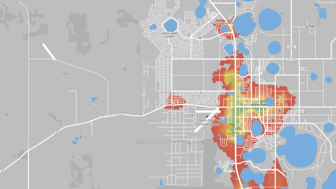 Walk Grade map of Avon Park Lakes, FL, walkable areas in green and car-dependent areas in red