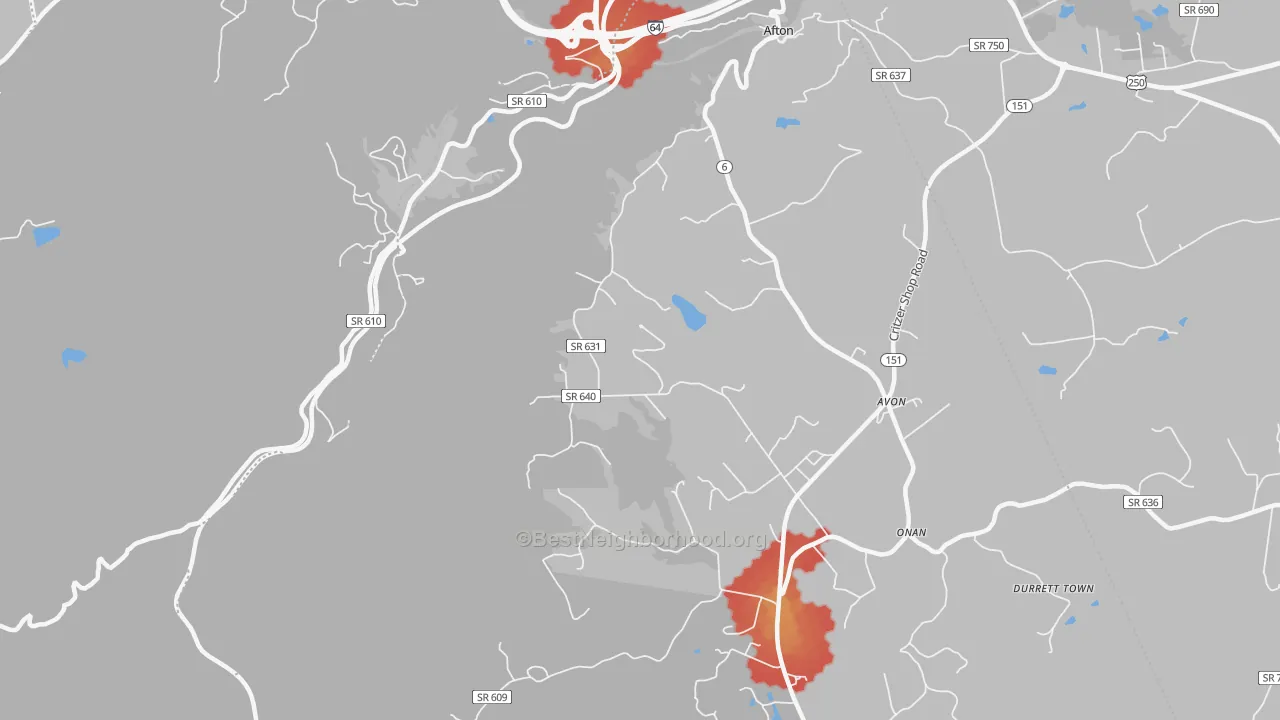 Walk Grade map of Avon, VA, walkable areas in green and car-dependent areas in red