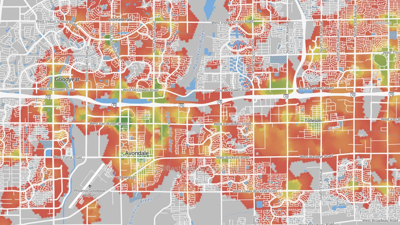 Walk Grade map of Avondale, AZ, walkable areas in green and car-dependent areas in red