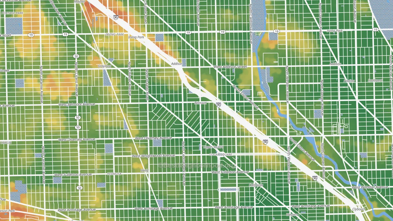 Walk Grade map of Avondale, Chicago, IL, walkable areas in green and car-dependent areas in red
