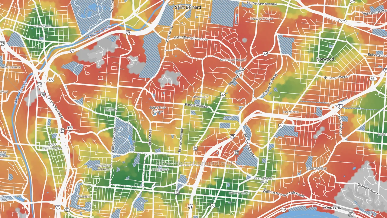 Walk Grade map of Avondale, Cincinnati, OH, walkable areas in green and car-dependent areas in red