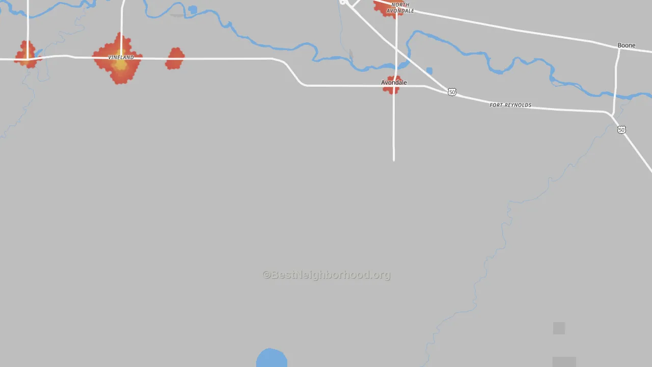 Walk Grade map of Avondale, CO, walkable areas in green and car-dependent areas in red