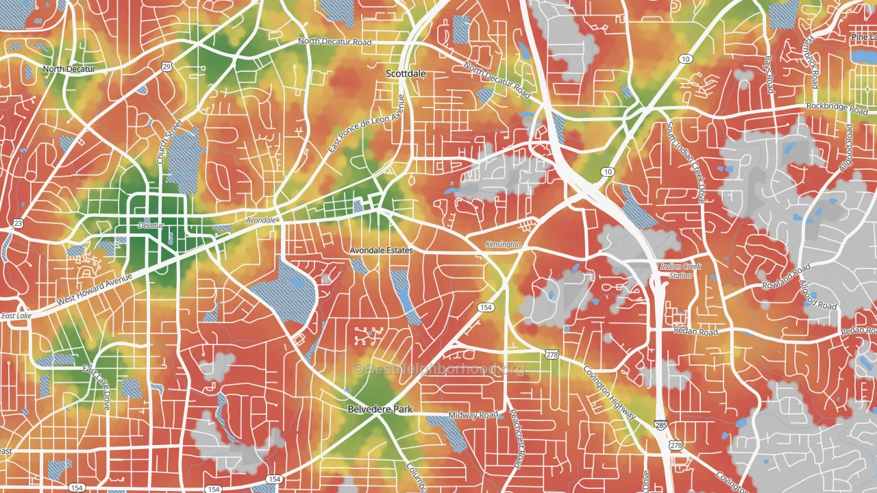 Walk Grade map of Avondale Estates, GA, walkable areas in green and car-dependent areas in red