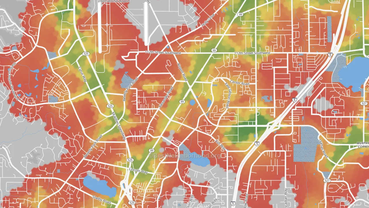 Walk Grade map of Avondale, Everett, WA, walkable areas in green and car-dependent areas in red