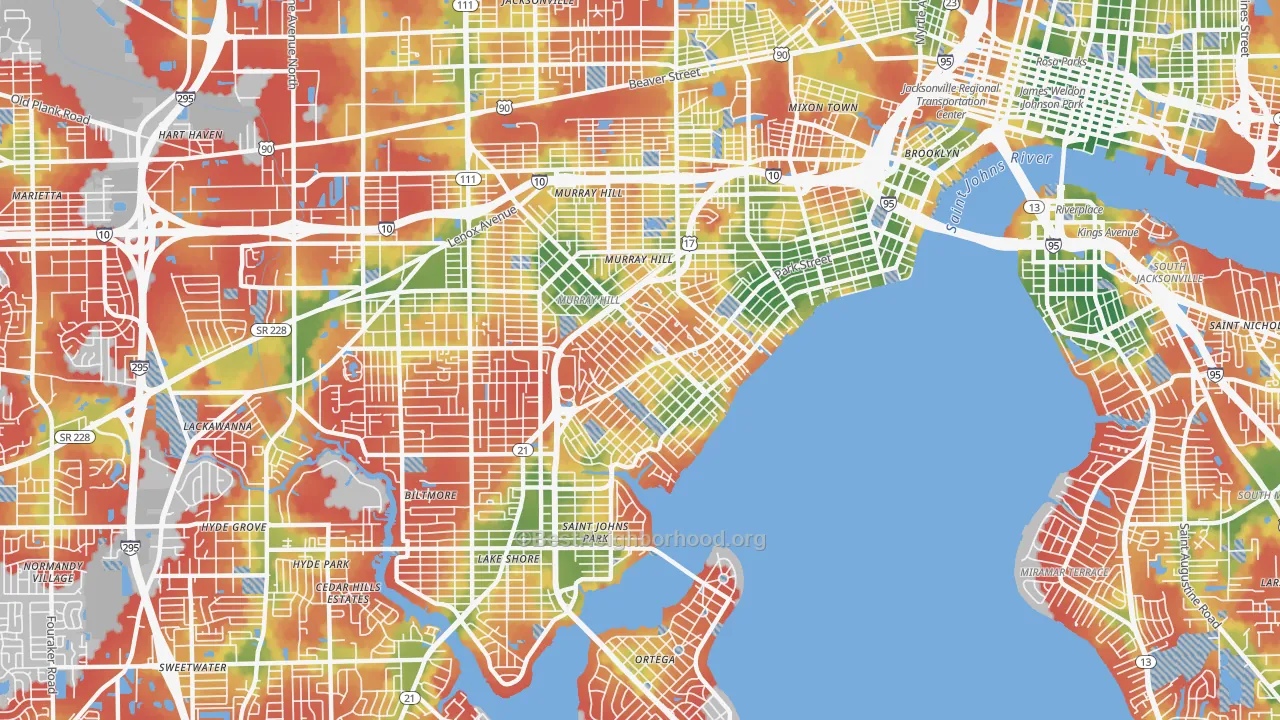 Walk Grade map of Avondale, Jacksonville, FL, walkable areas in green and car-dependent areas in red