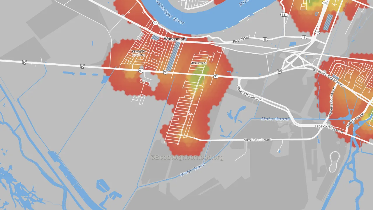 Walk Grade map of Avondale, LA, walkable areas in green and car-dependent areas in red