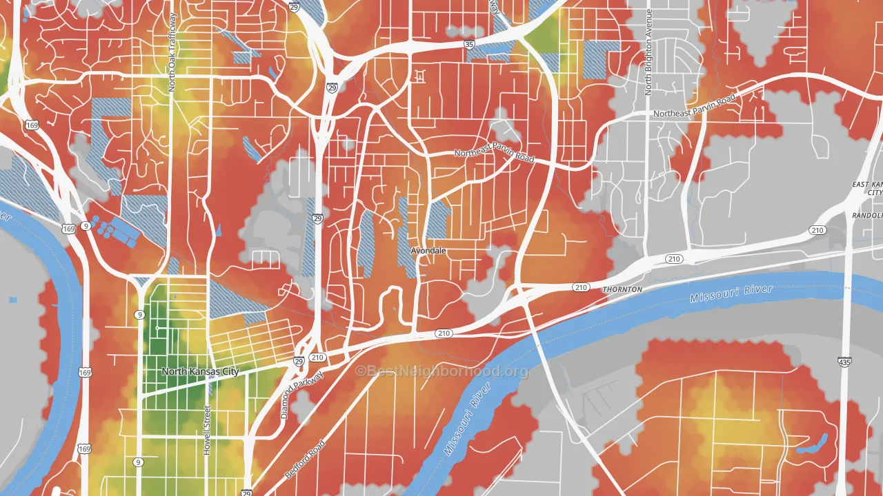 Walk Grade map of Avondale, MO, walkable areas in green and car-dependent areas in red
