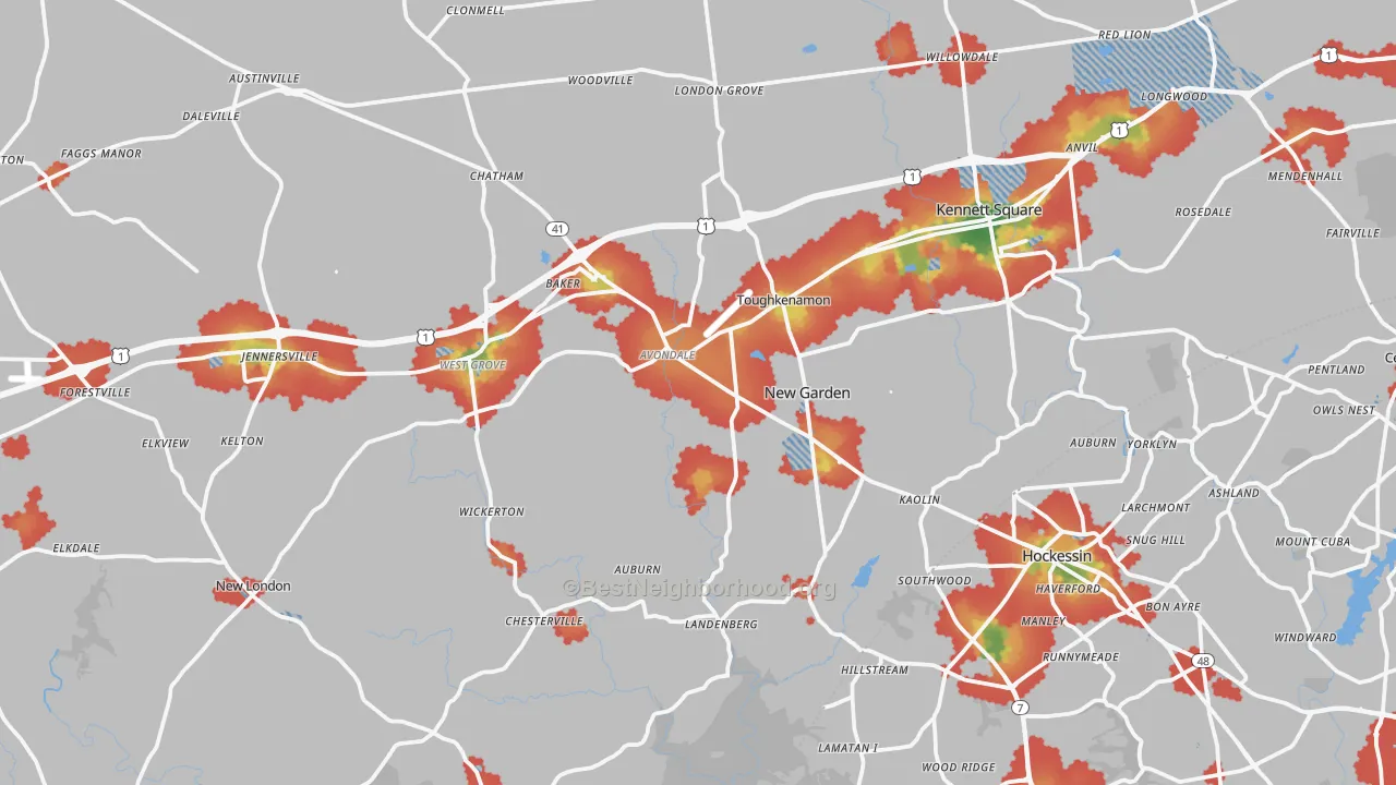 Walk Grade map of Avondale, PA, walkable areas in green and car-dependent areas in red