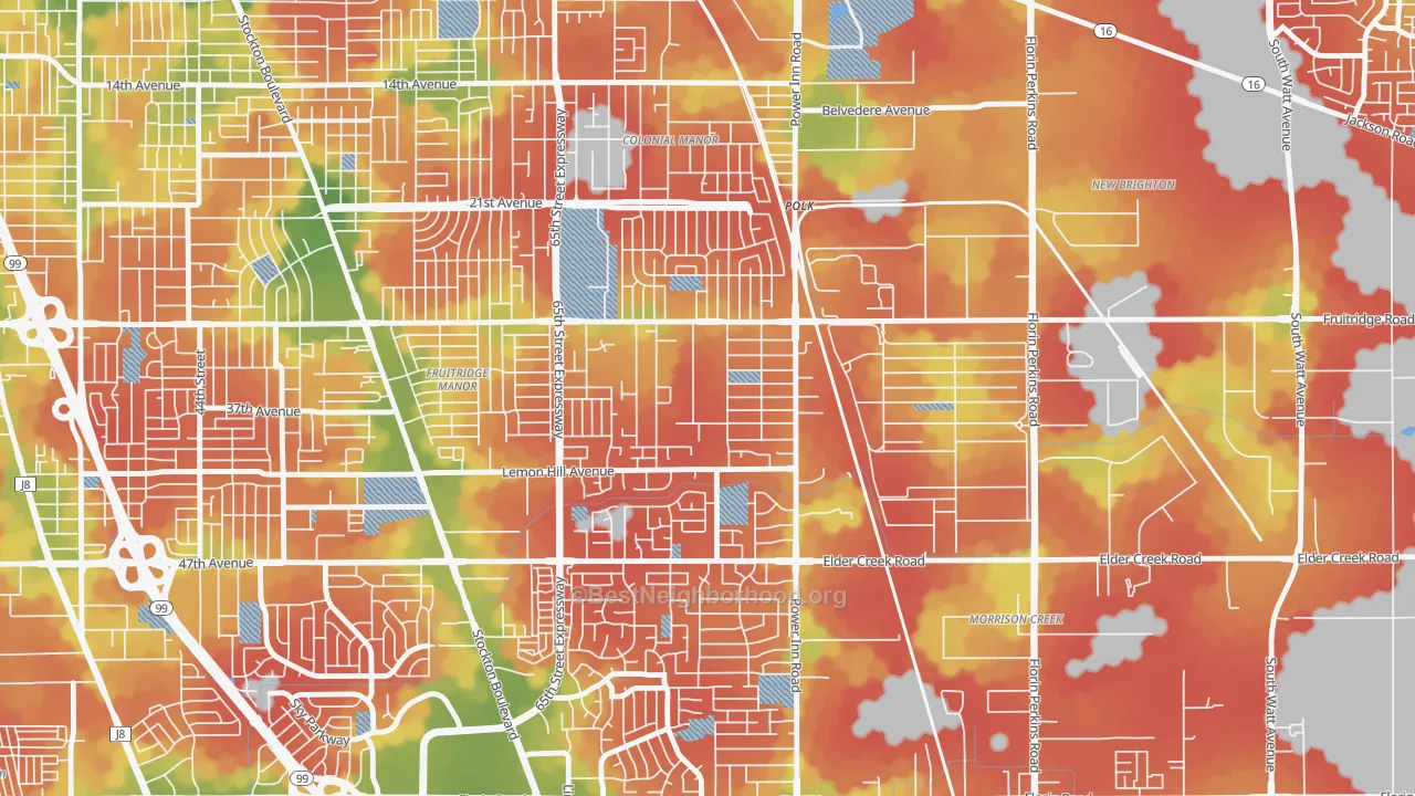 Walk Grade map of Avondale, Sacramento, CA, walkable areas in green and car-dependent areas in red